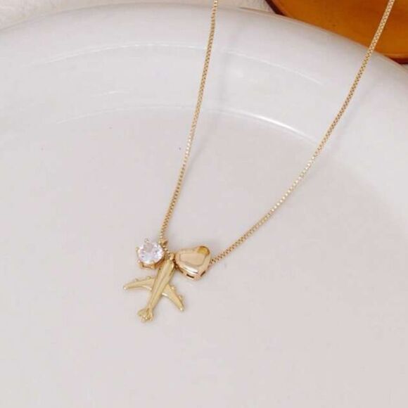 Gold Airplane Pendant Necklace A1306 - Picture 2 of 4
